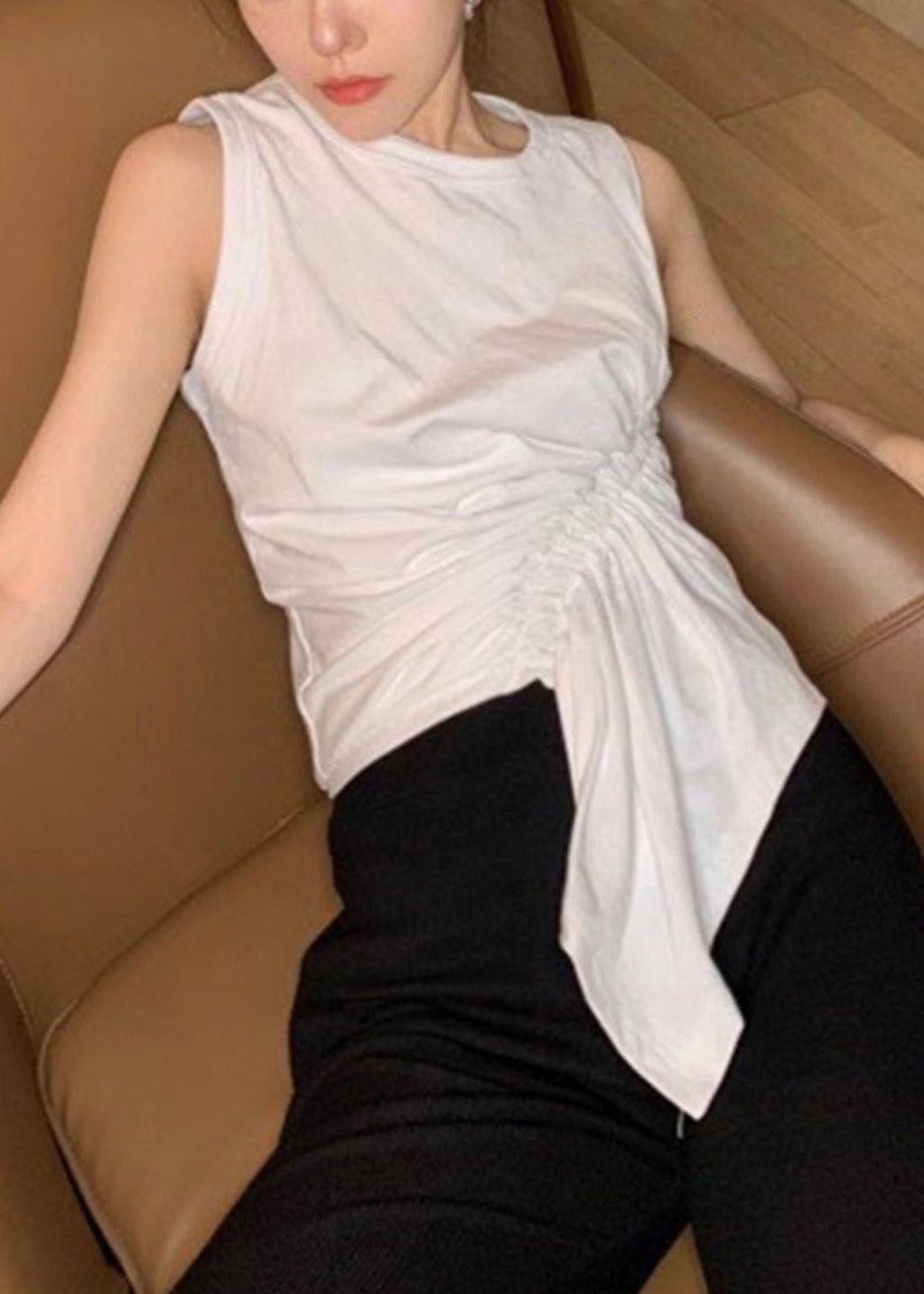 White Sleeveless Cotton Tank New Cinched Asymmetrical