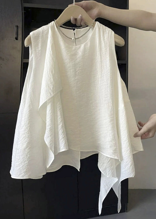 White Sleeveless Shirts Cotton New Asymmetrical O Neck