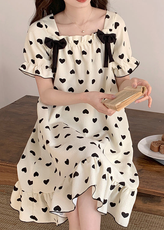 New White Bow Loving Heart Cotton Pajamas Long Dress Summer YK020