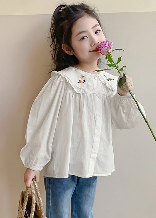 New White Button Solid Cotton Kids Girls Shirts Spring YU1038