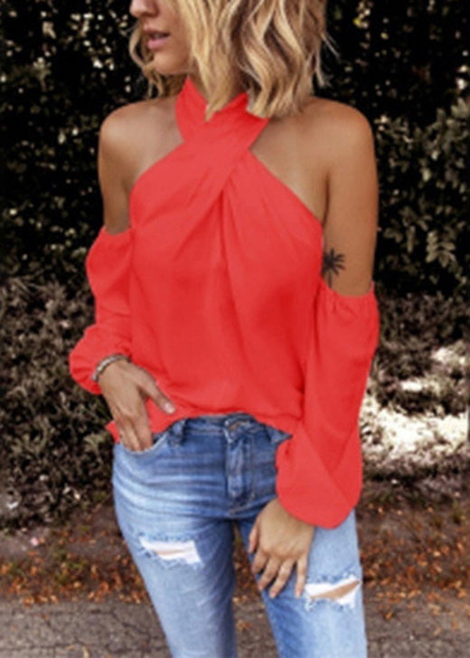 Long Cotton Patchwork Sleeve Shirts White New Cold Shoulder