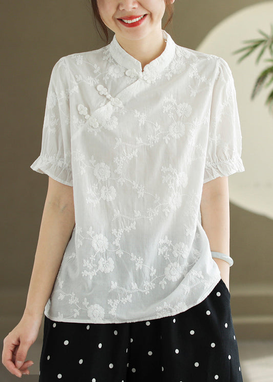 New White Embroidered Button Cotton Blouse Summer SS010