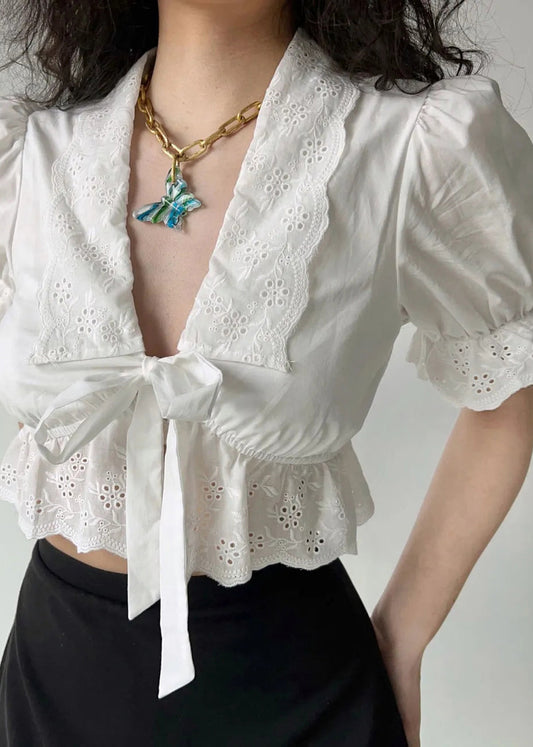 Lace Cotton Out Shirt Hollow Up Embroidered New Summer White