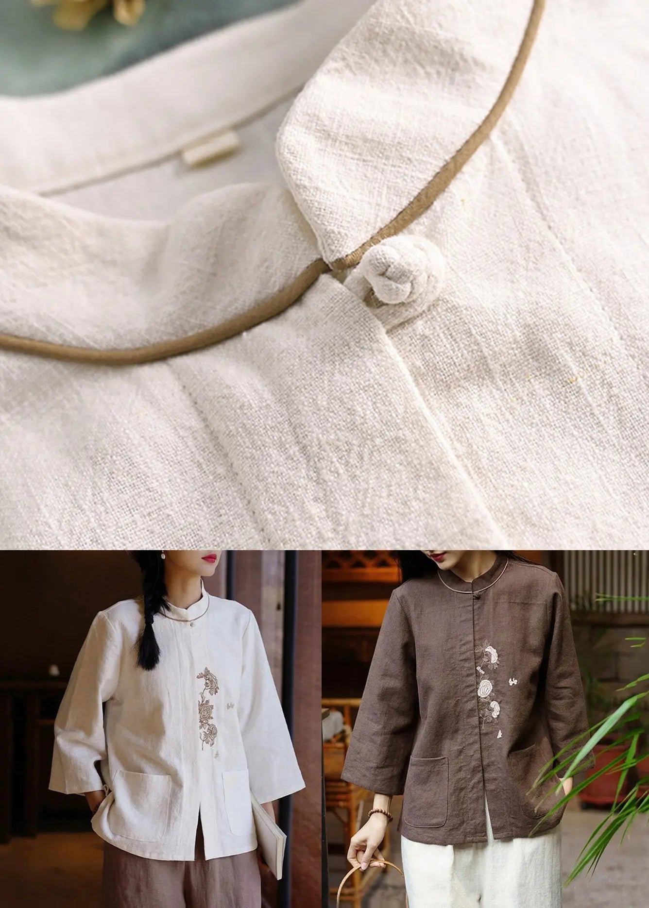 New White Embroidered Pockets Linen Shirt Long Sleeve Ada Fashion