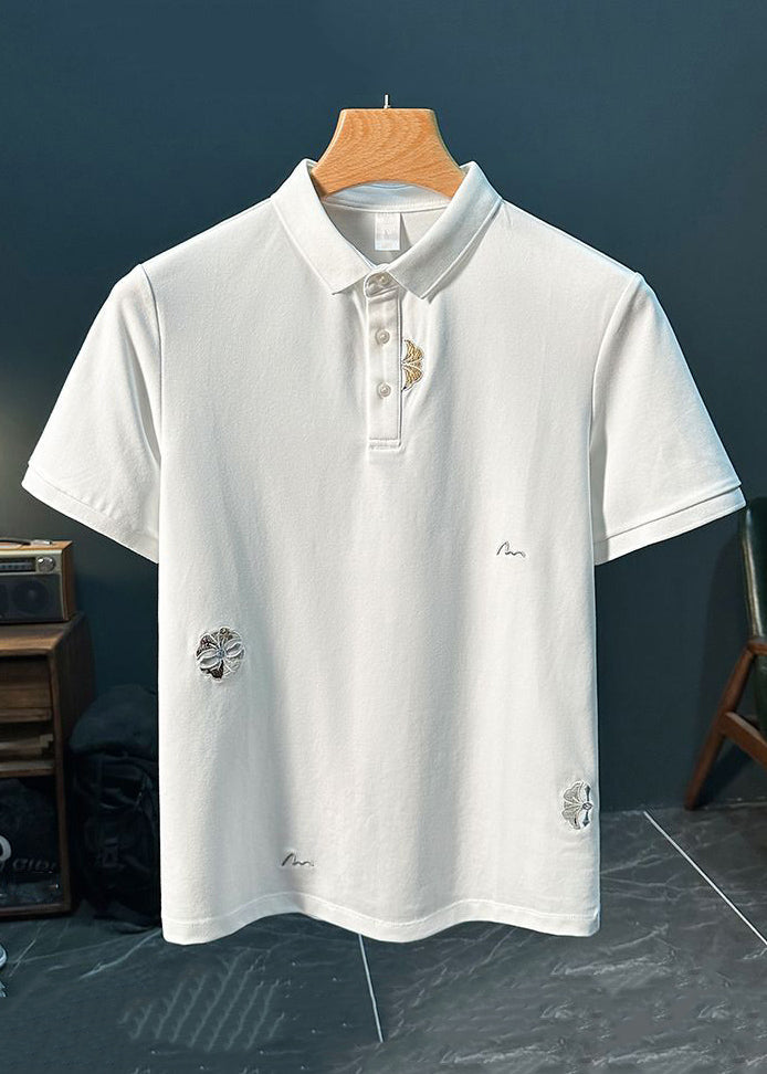 New Button Cotton White Solid Embroideried Shirts Mens Polo