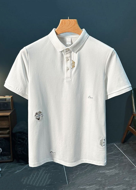 New Button Cotton White Solid Embroideried Shirts Mens Polo