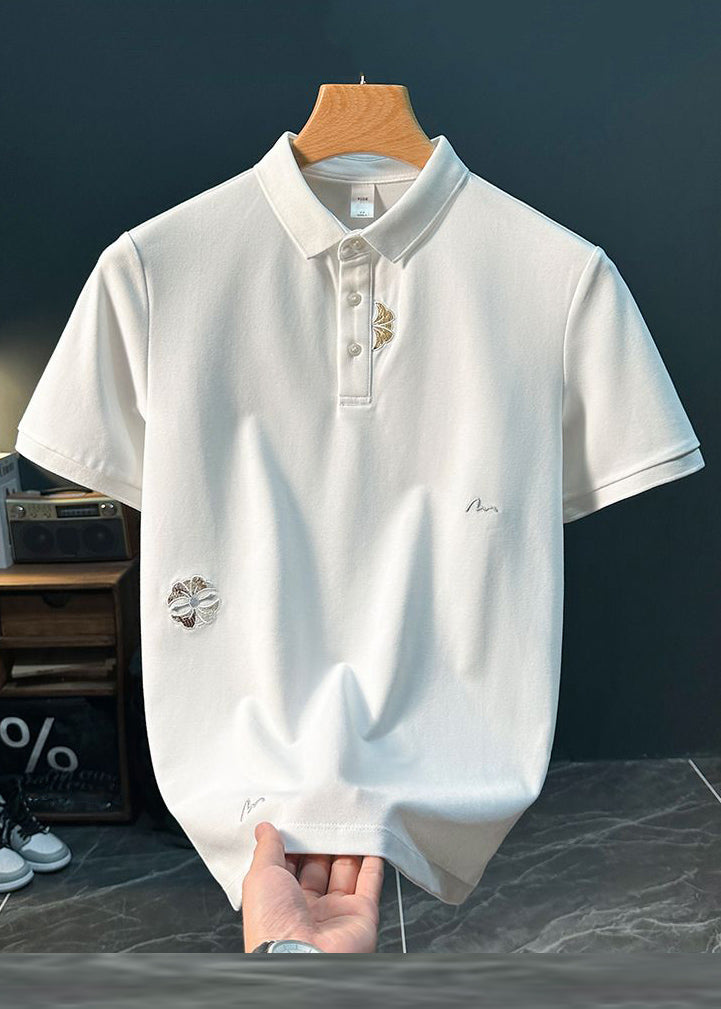 New Button Cotton White Solid Embroideried Shirts Mens Polo