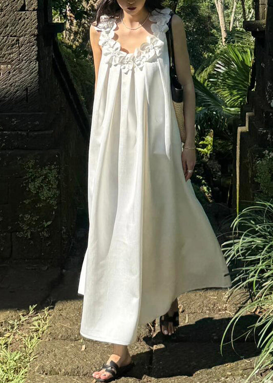 White Cotton New Maxi Floral Solid Sleeveless Dresses