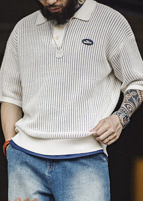 White New Shirts Hollow Mens Out Summer Polo Knit