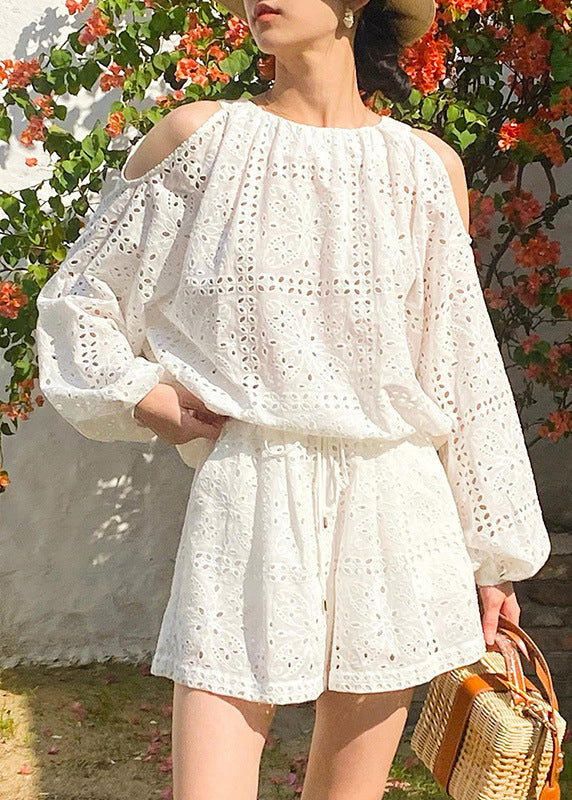 Tops Hollow And Pieces White Out Two Summer Shorts Set New Cotton