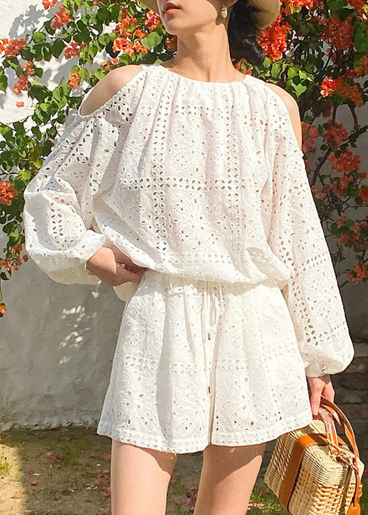 Tops Hollow And Pieces White Out Two Summer Shorts Set New Cotton