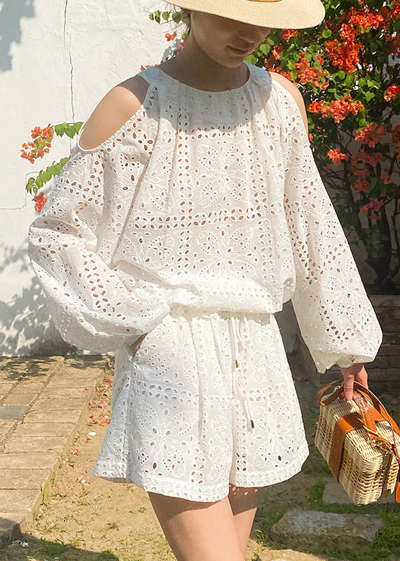 Tops Hollow And Pieces White Out Two Summer Shorts Set New Cotton