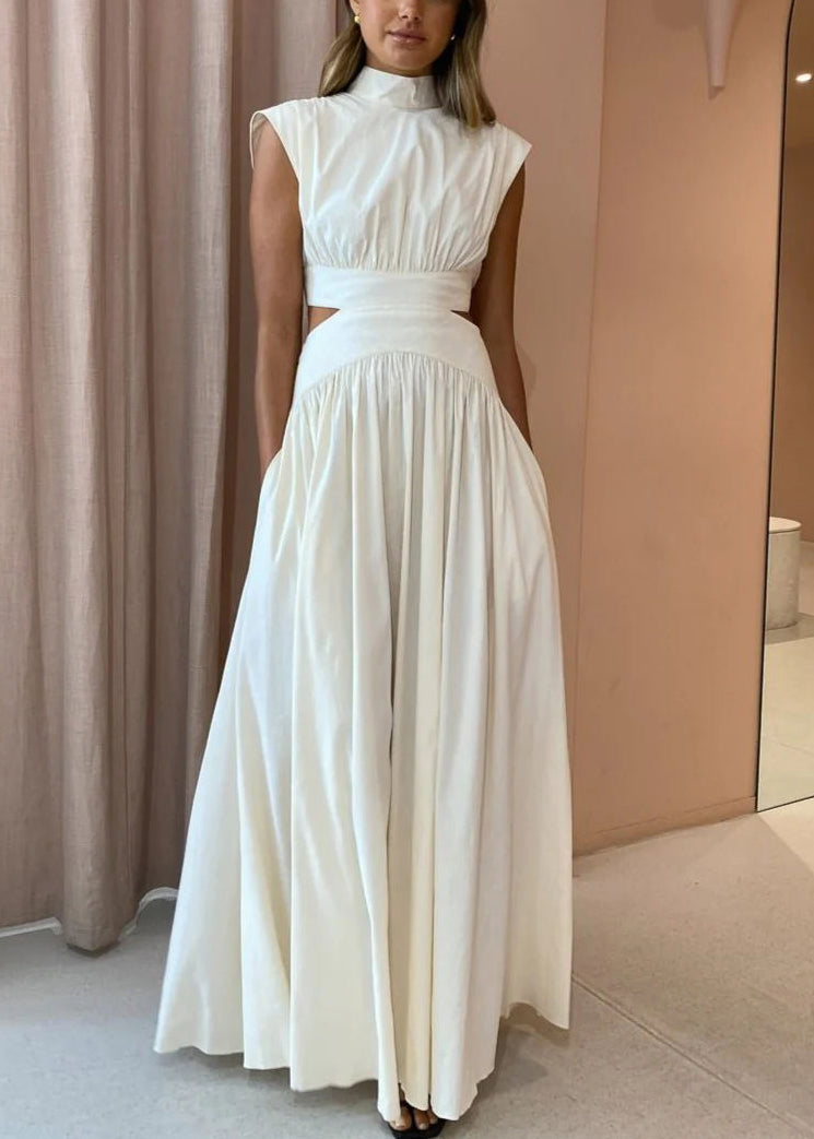 Maxi Cotton Pockets Dresses Out New Summer White Wrinkled Hollow