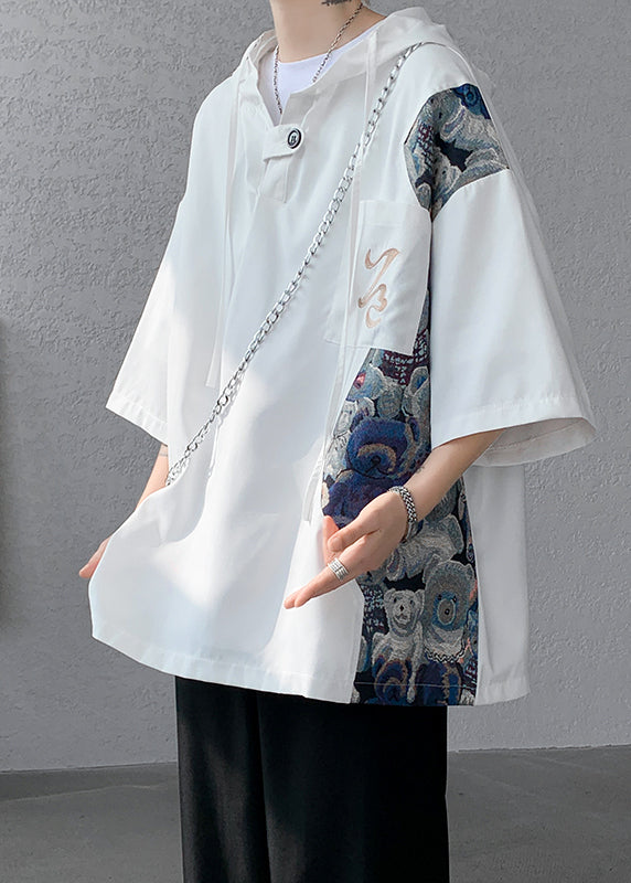 Shirt Hooded Cotton White Summer Mens T Patchwork New Designer