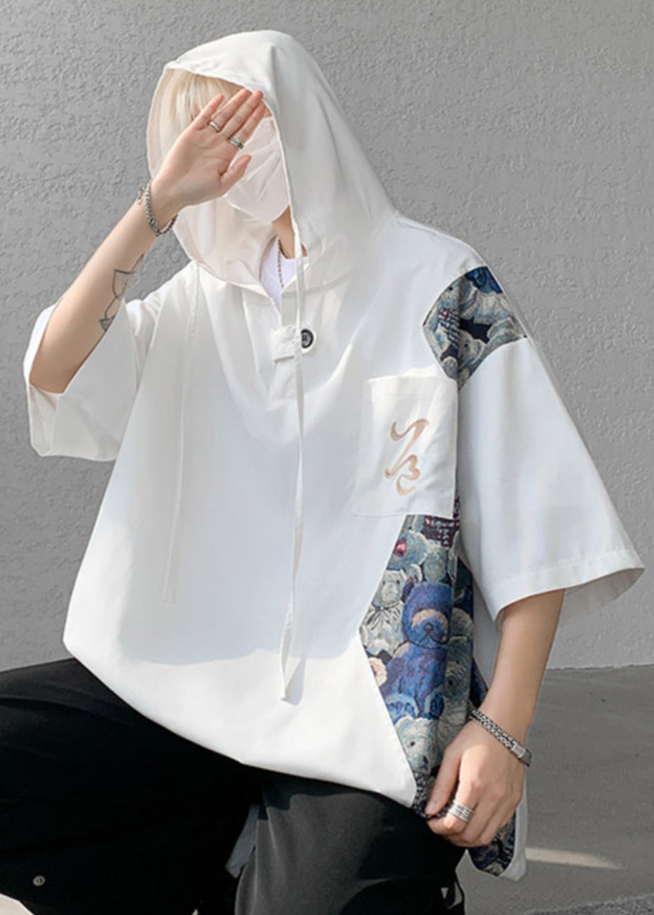 Shirt Hooded Cotton White Summer Mens T Patchwork New Designer