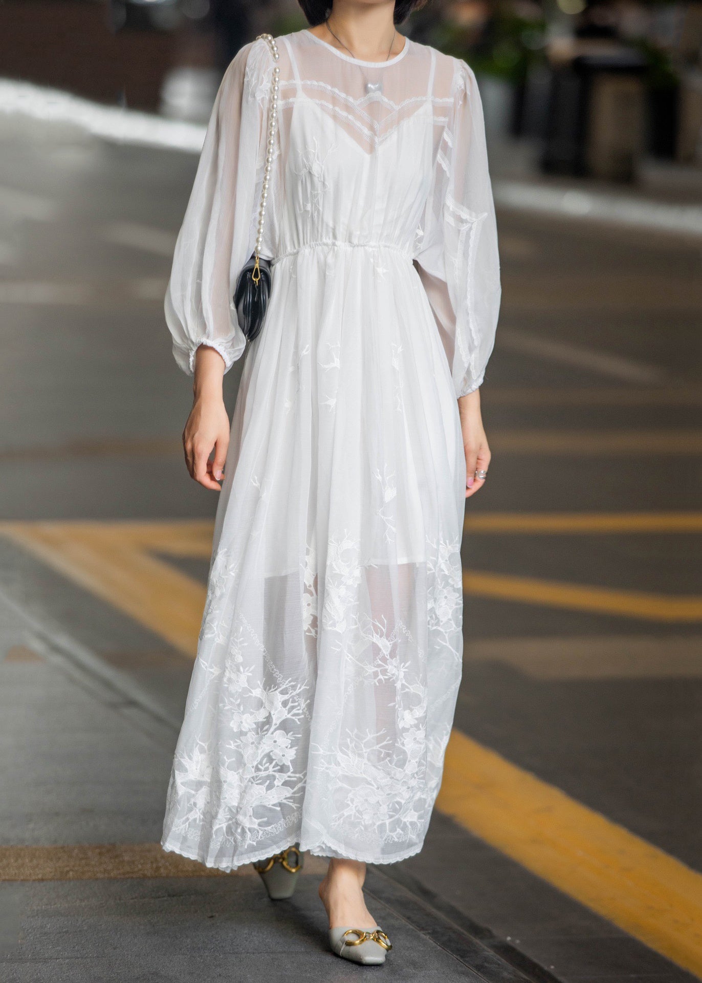 New White Lace Chiffon Embroidered Dress Up Long Fall