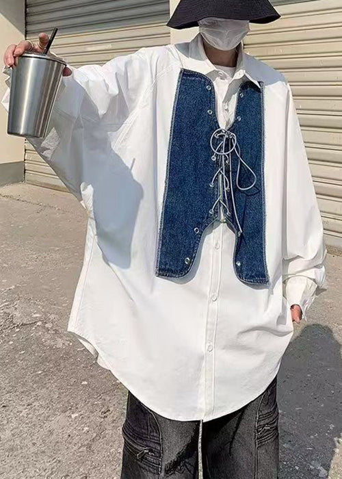 Shirt Denim New Patchwork Up White Spring Lace Mens