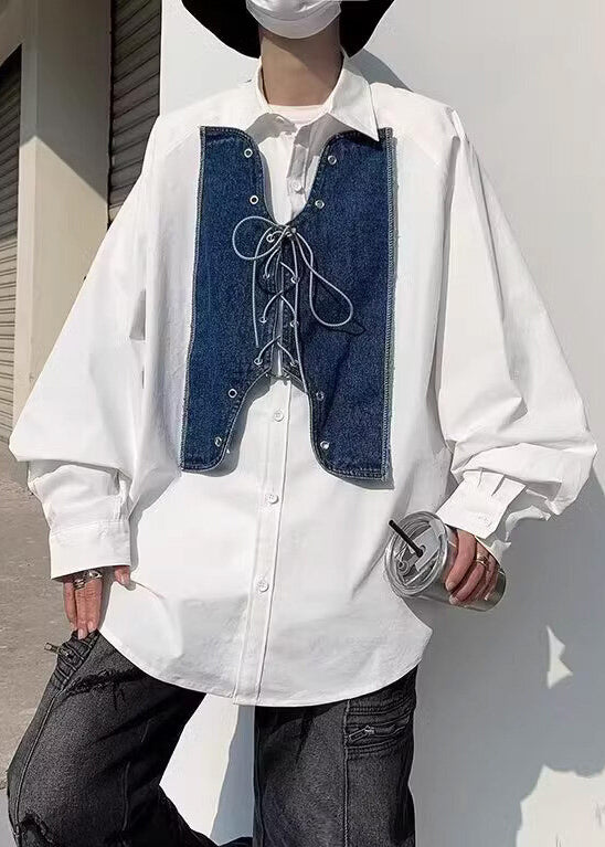 Mens New Denim Spring Shirt Up Patchwork White Lace