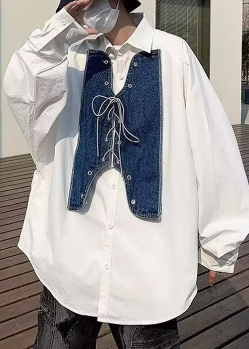 Mens New Denim Spring Shirt Up Patchwork White Lace