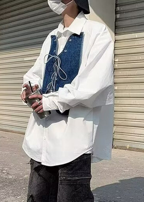 Shirt Denim New Patchwork Up White Spring Lace Mens