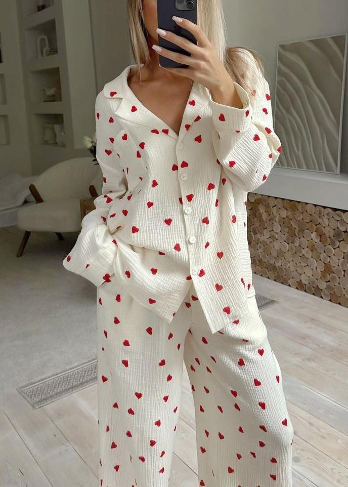 Sets Notched Cotton Fall New White Pajama Love Print