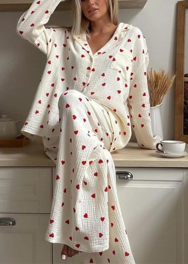 Sets Notched Cotton Fall New White Pajama Love Print