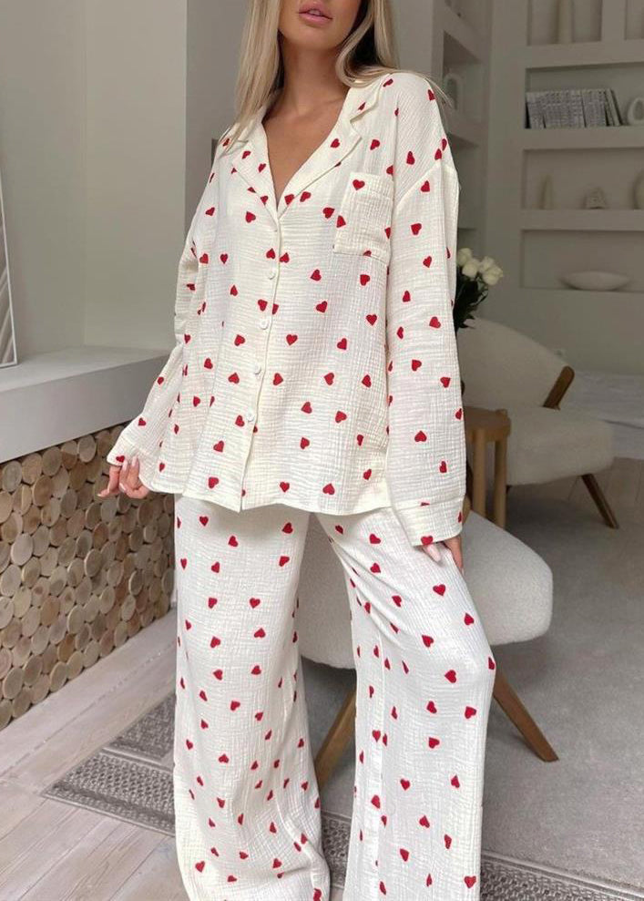 Sets Notched Cotton Fall New White Pajama Love Print