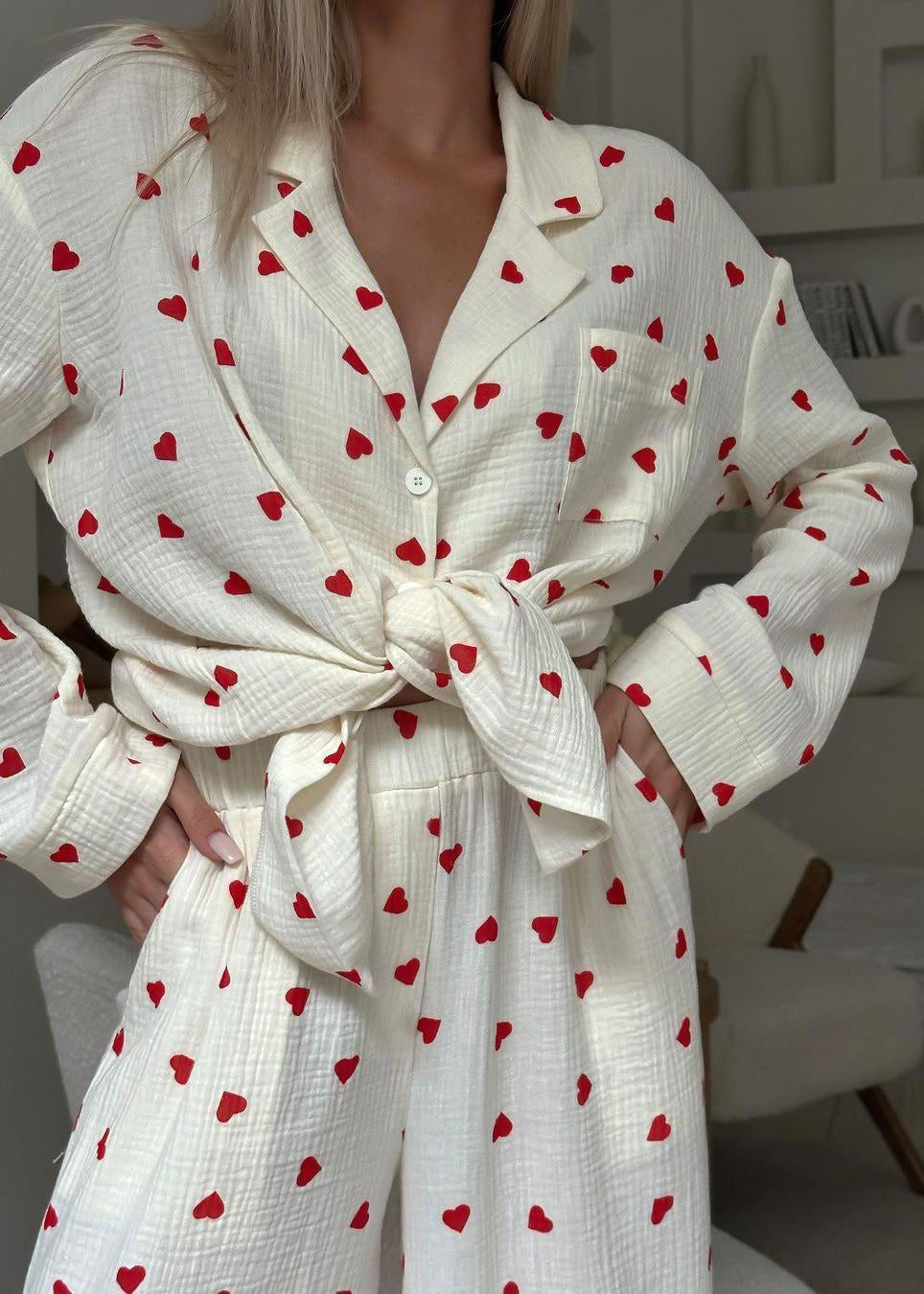 Sets Notched Cotton Fall New White Pajama Love Print