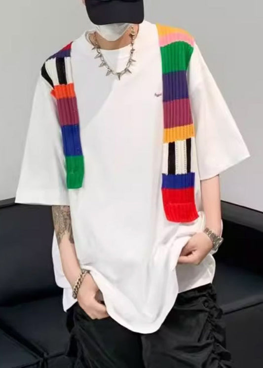 Half Shirt Patchwork White Neck T Men Cotton New O Sleeve