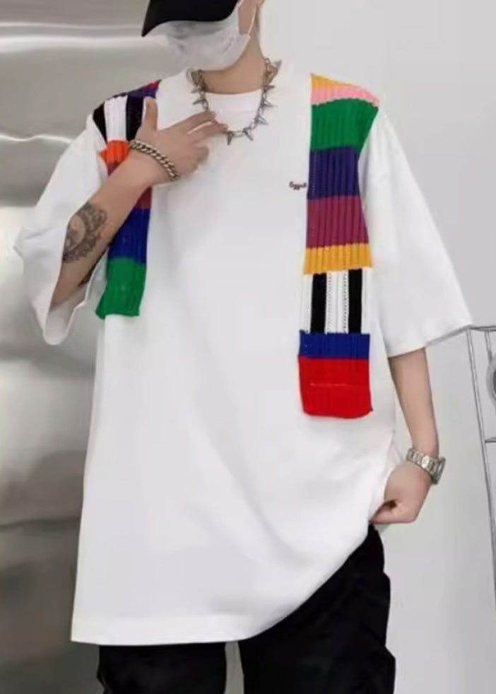 Half Shirt Patchwork White Neck T Men Cotton New O Sleeve