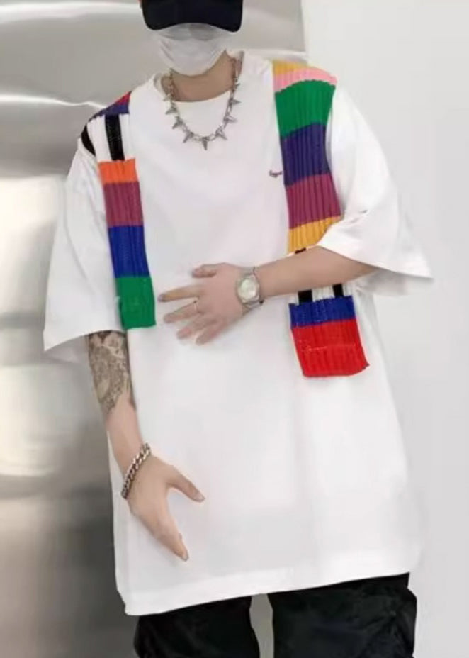 Half Shirt Patchwork White Neck T Men Cotton New O Sleeve