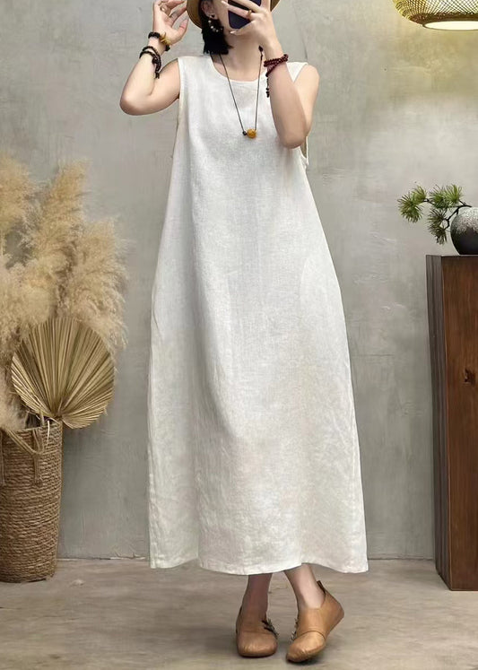 Neck O New Solid Long Sleeveless Linen Pockets White Dress