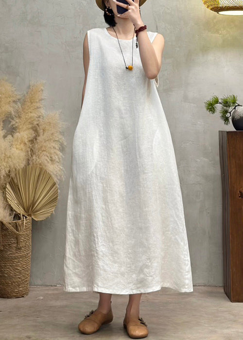 Neck O New Solid Long Sleeveless Linen Pockets White Dress