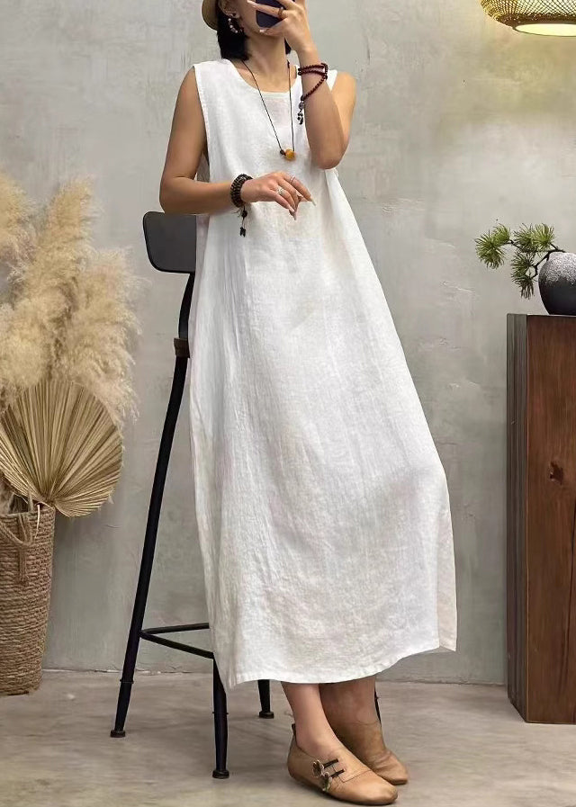 Neck O New Solid Long Sleeveless Linen Pockets White Dress