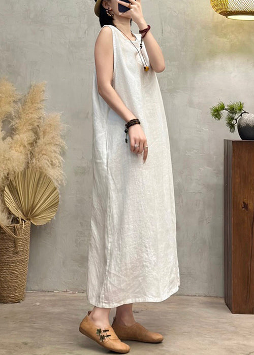 Neck O New Solid Long Sleeveless Linen Pockets White Dress