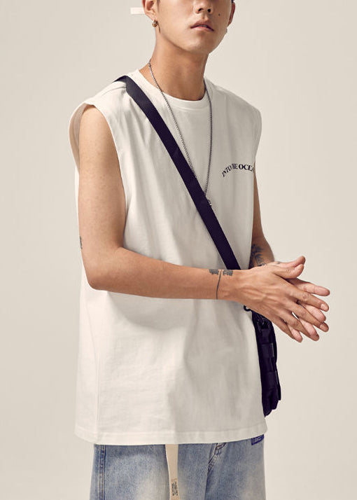 Print Sleeveless Neck Tank Cotton White O Men New