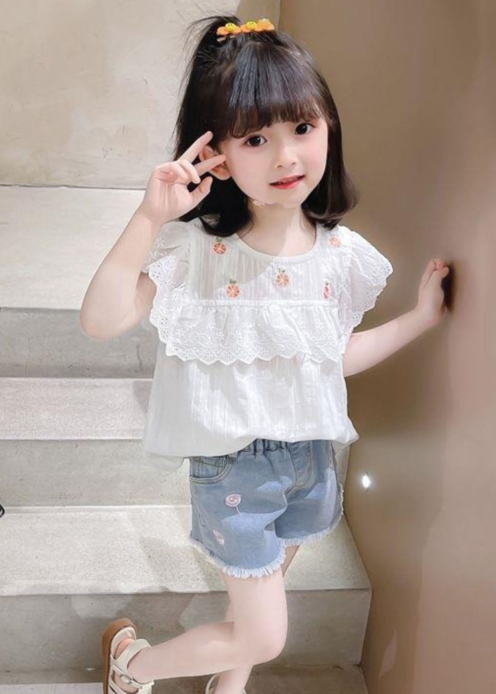 New White Patchwork Hollow Out Kids Top Short Sleeve SS1010