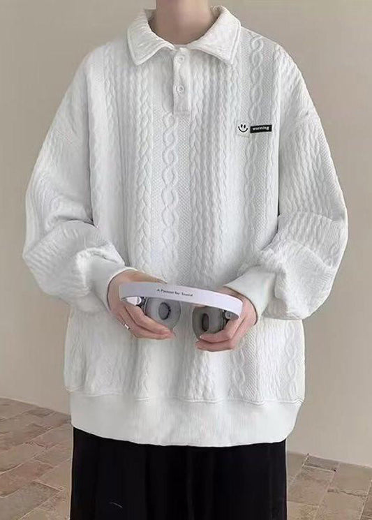 New White Peter Pan Collar Button Cotton Men Sweatshirt Spring TC028