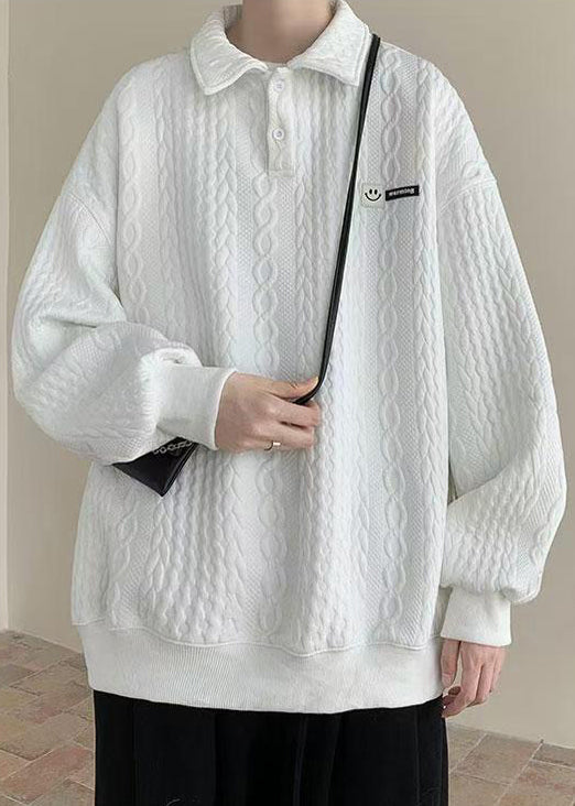 New White Peter Pan Collar Button Cotton Men Sweatshirt Spring TC028