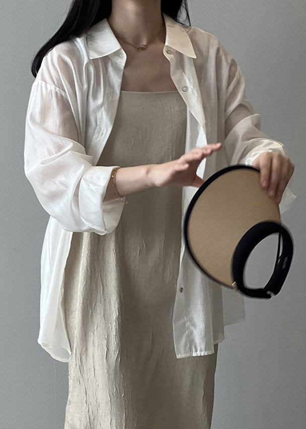 New White Peter Pan Collar Button Silk Shirts Spring YH027