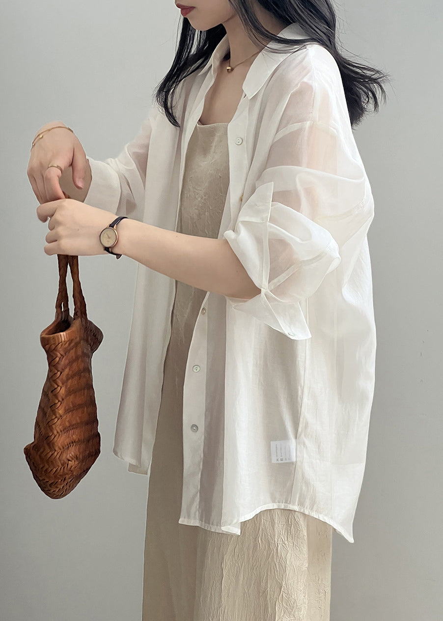 New White Peter Pan Collar Button Silk Shirts Spring YH027