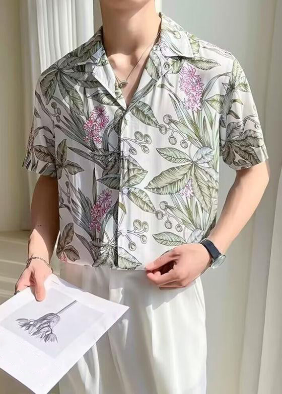 White Print Button Mens Silk Shirts Ice Summer New