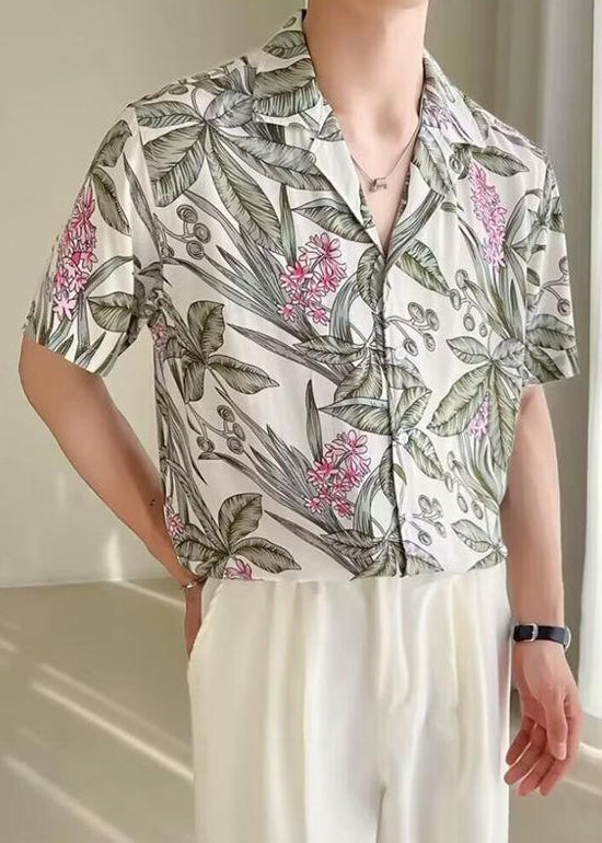 White Print Button Mens Silk Shirts Ice Summer New