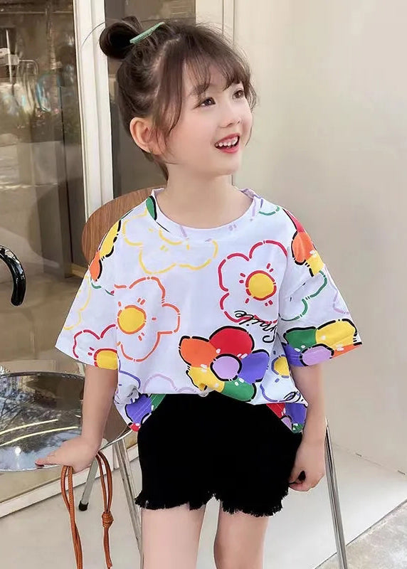 New White Print Cozy Cotton Kids T Shirt Short Sleeve YU1032