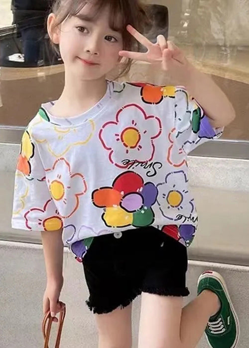 New White Print Cozy Cotton Kids T Shirt Short Sleeve YU1032