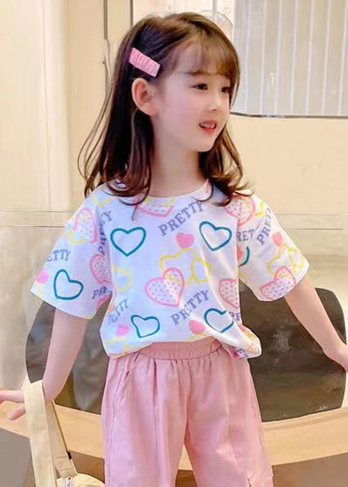 New White Print Cozy Cotton Kids T Shirt Short Sleeve YU1032