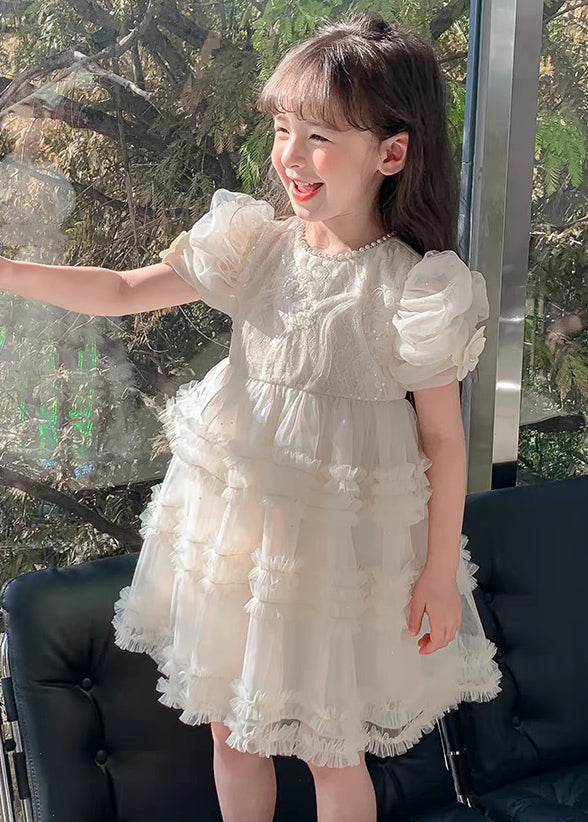 New White Ruffled Pearl Tulle Girls Princess Dresses Summer TT007