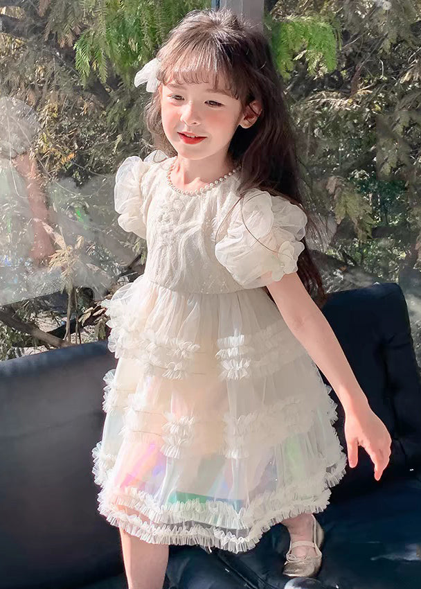 New White Ruffled Pearl Tulle Girls Princess Dresses Summer TT007