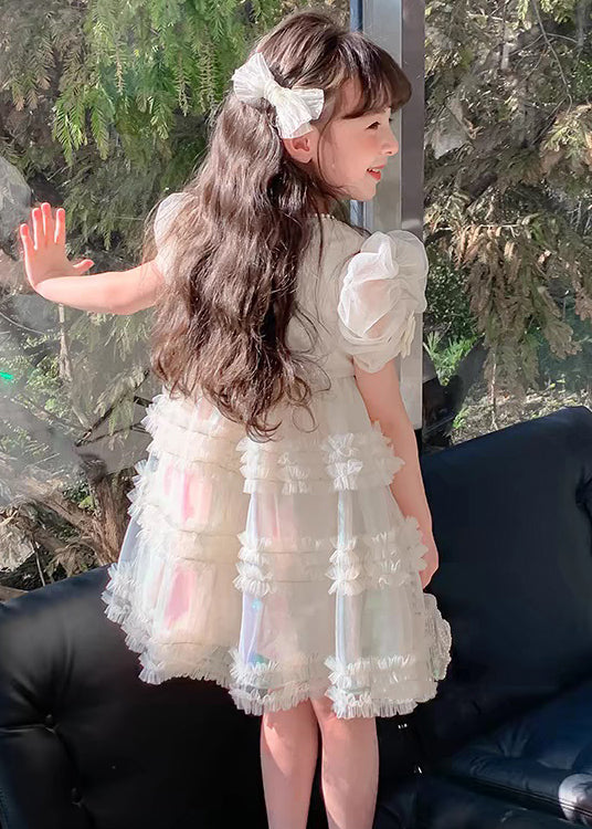 New White Ruffled Pearl Tulle Girls Princess Dresses Summer TT007