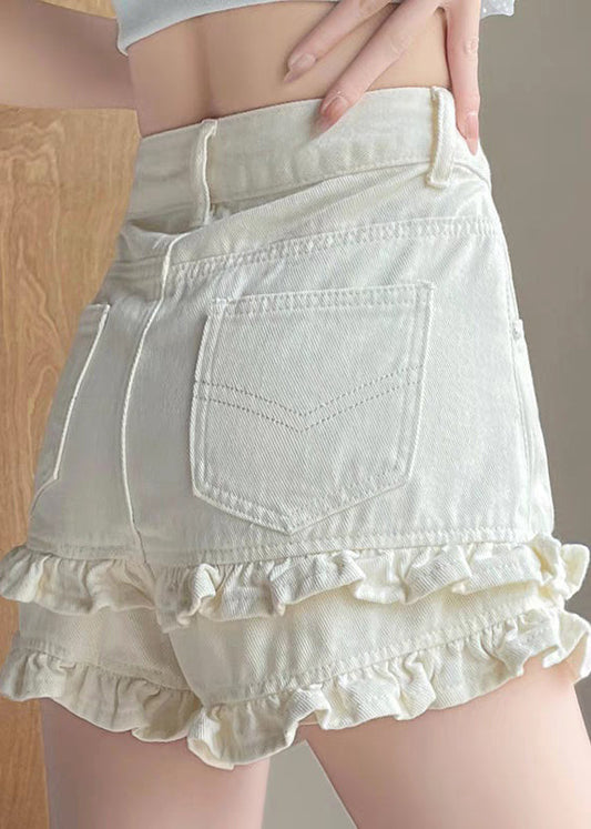 Ruffled White Summer Pockets Shorts Denim New